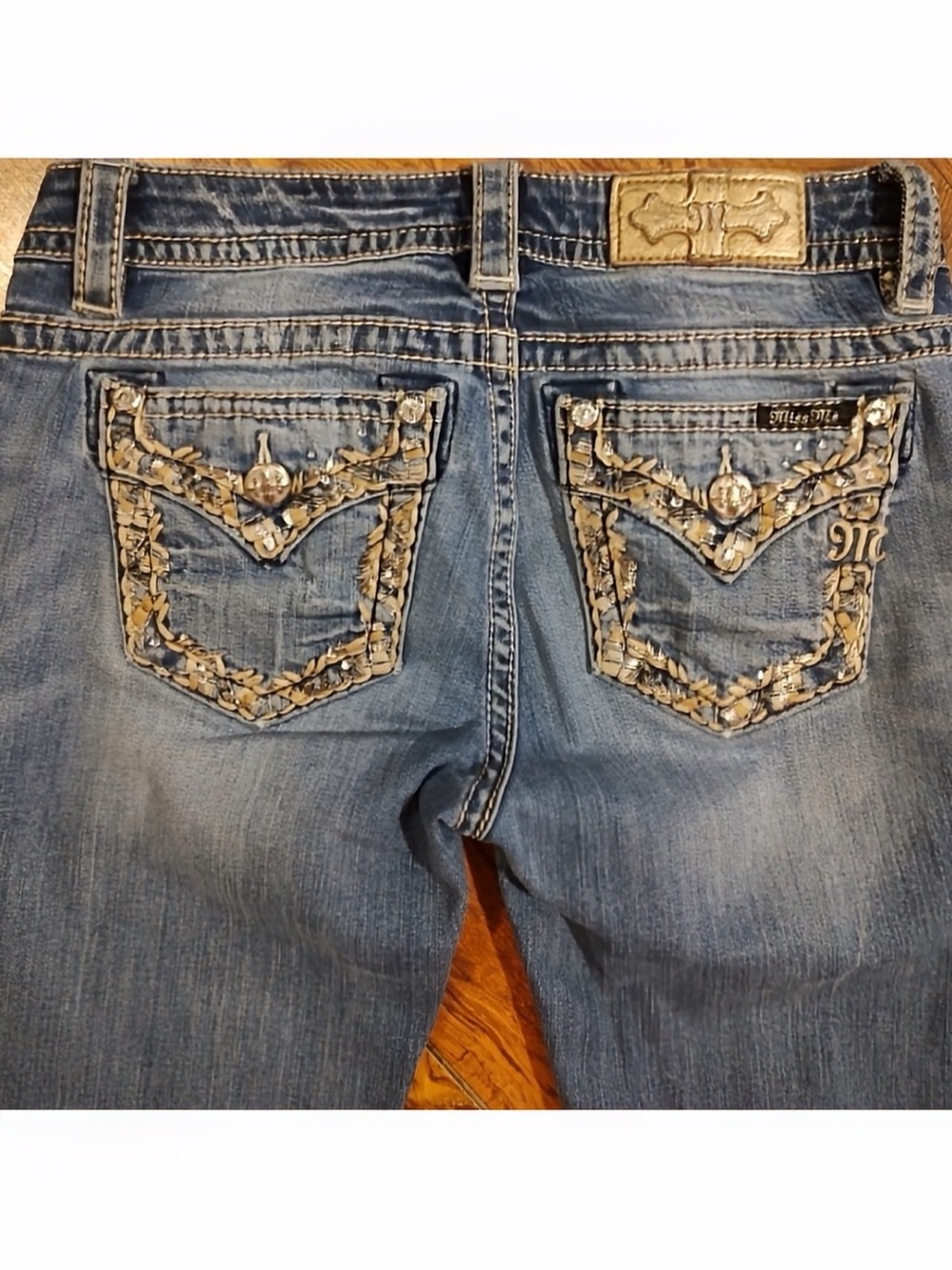 Gorgeous Miss Me Midrise Boot Jeans With Embellished Pockets 34” Inseam